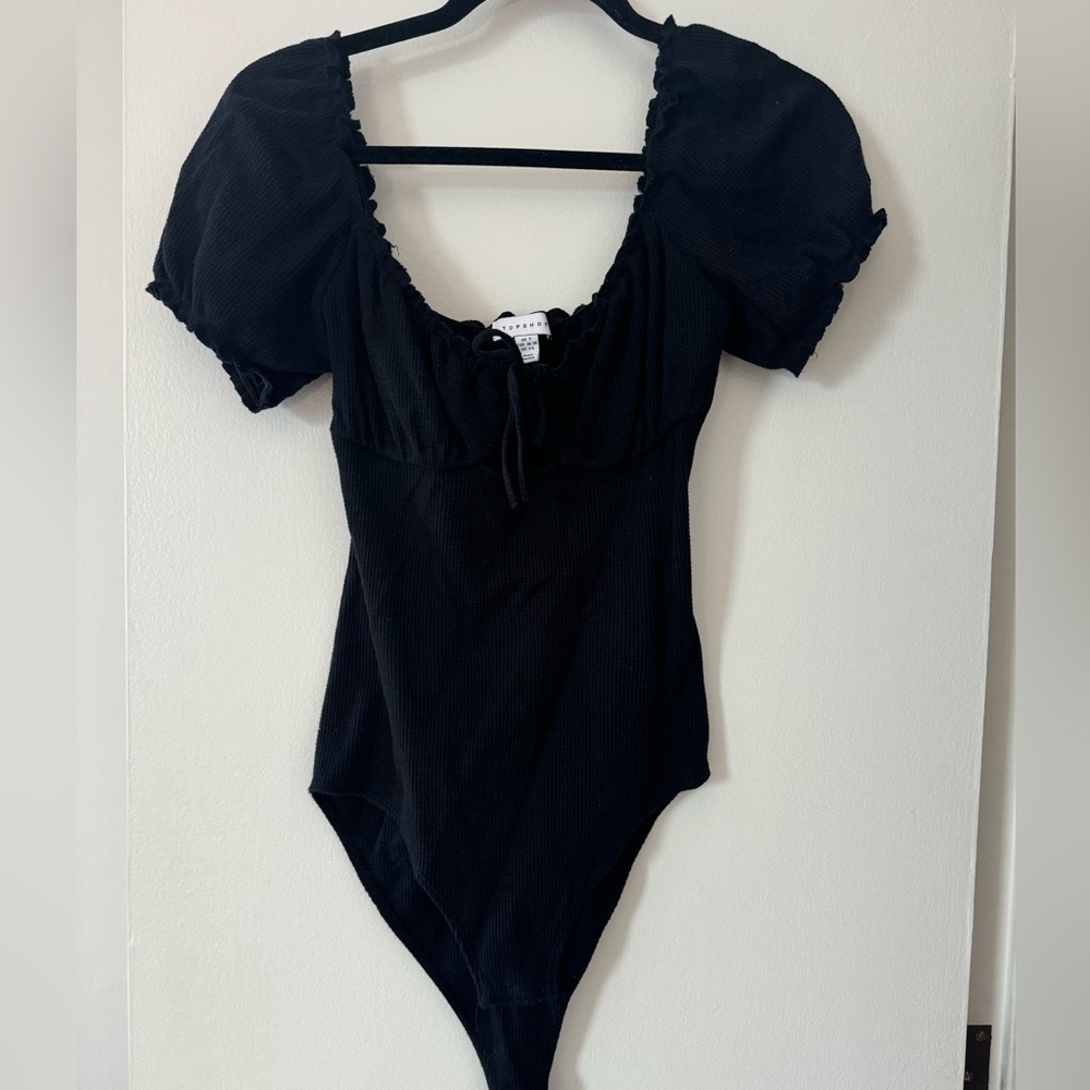 Topshop Tie Front Black Puff Sleeve Bodysuit